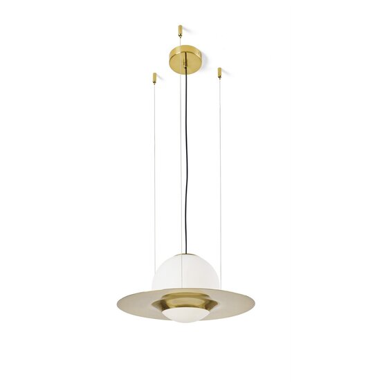 Hat suspended lamp, Suspension lamp in milky white blown glass with elements in brushed brass and steel