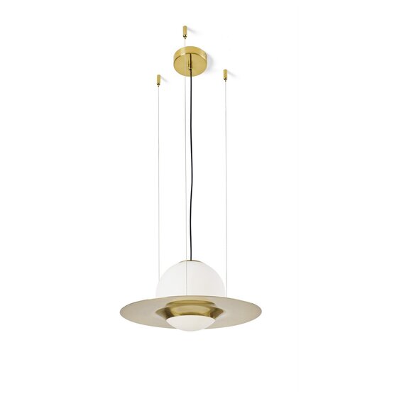 Suspension chapeau, Lampe à suspension en verre soufflé blanc laiteux avec éléments en laiton brossé et acier