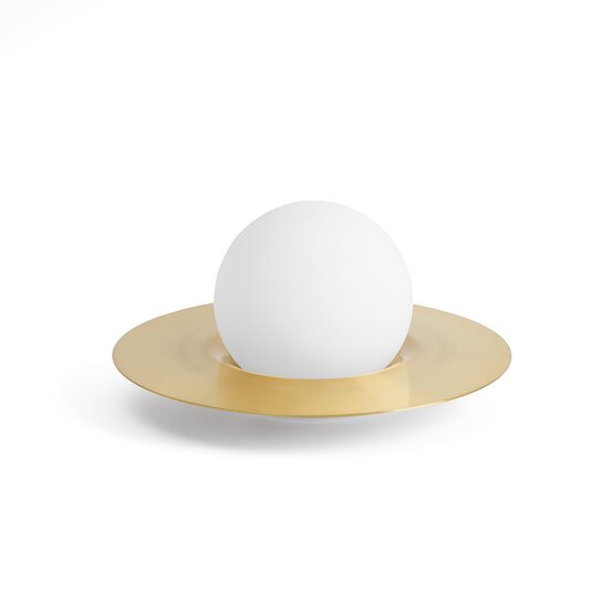 Lámpara de mesa sombrero, Lámpara de mesa de vidrio blanco lechoso soplado sobre base de latón cepillado