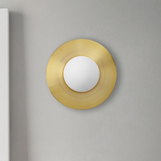 Hat wall lamp, Glass wall light milky white on brushed brass base
