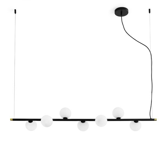 Lampe suspendue Pom, Suspension à 7 lumières en verre soufflé blanc laiteux sur branche peinte en noir