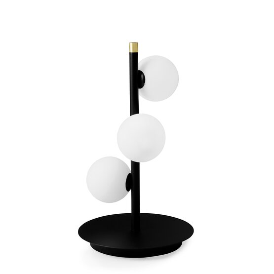 Lampe de table Pom, Lampe de table à 3 lumières en verre soufflé blanc laiteux sur un corps peint en noir