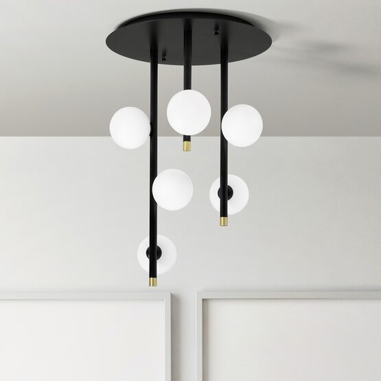 Lámpara de techo pompones, Plafón de 6 luces en cristal soplado blanco lechoso con estructura pintada en negro