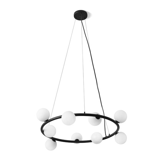 Lámpara colgante pompón, Suspensión de 9 luces en vidrio soplado blanco lechoso sobre aro pintado de negro