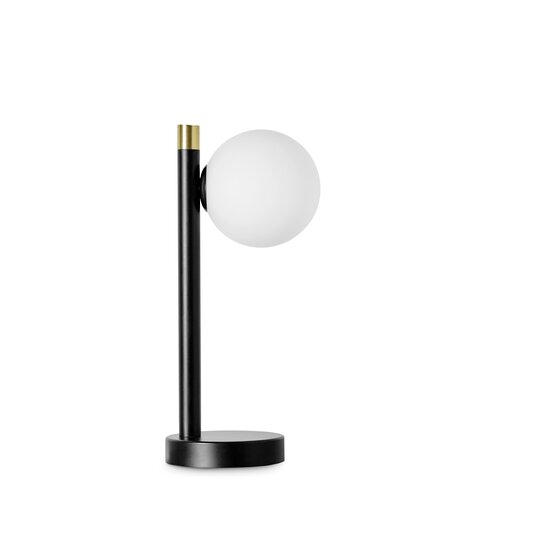 Pom-Tischlampe, Tischlampe aus milchweißem mundgeblasenem Glas mit schwarz lackiertem Rahmen