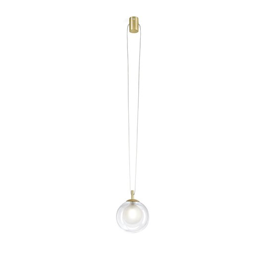 Lámpara colgante Aladino, Lámpara de suspensión en cristal de borosilicato transparente y satinado con elementos en oro cepillado