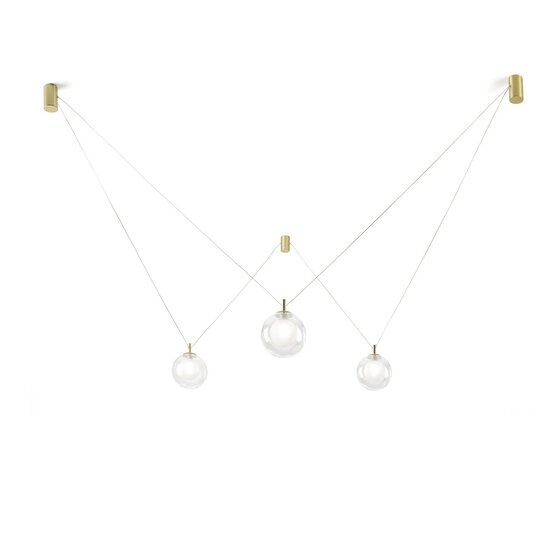 Lámpara colgante Aladino, Lámpara de suspensión configurable a 3 luces en cristal borosilicato transparente y satinado con elementos en oro cepillado