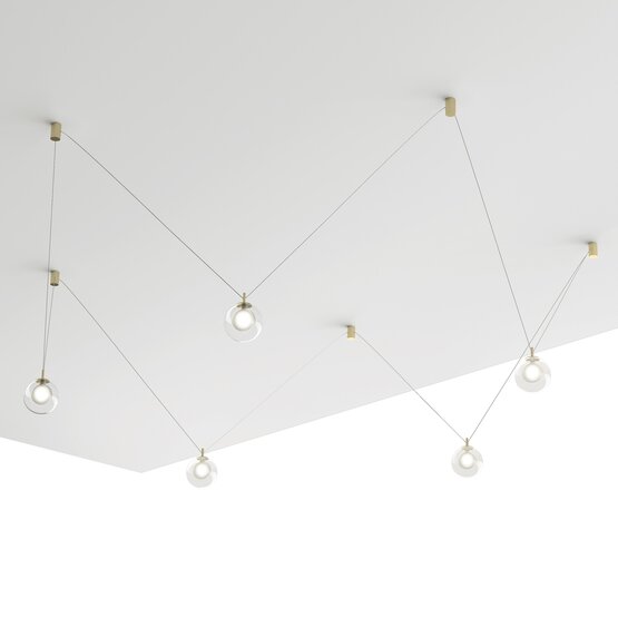 Suspension Aladino, Lampe à suspension configurable à 5 lumières en verre borosilicaté transparent et satiné avec des éléments en or brossé