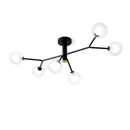 Cosmo ceiling lamp, 6-light ceiling lamp in transparent glass with black metal structure