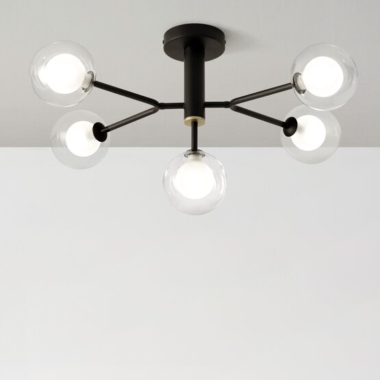 Cosmo ceiling lamp, 5-light ceiling lamp in transparent glass with black metal structure