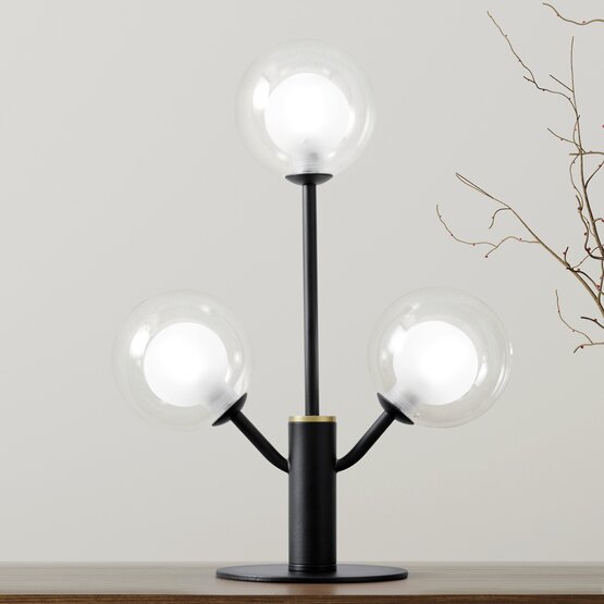 Cosmo-Tischlampe, Tischlampe mit 3 Lichtern aus transparentem und satiniertem Borosilikatglas mit schwarz lackierter Metallstruktur