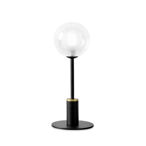 Lampe à poser Cosmo, Lampe de table en verre borosilicaté transparent et satiné avec structure en métal peint en noir