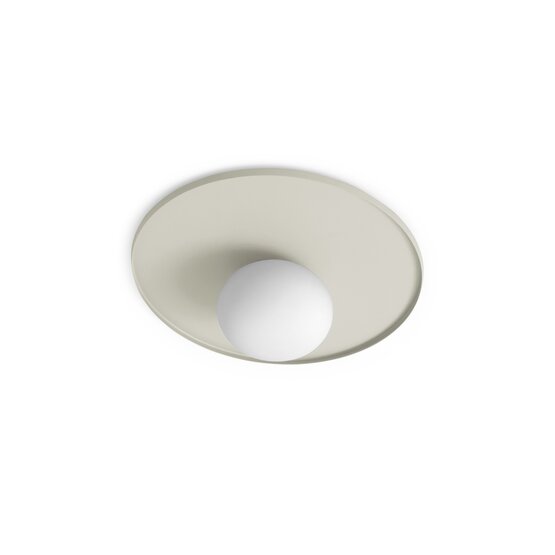 Plafón de maceta, Lámpara de techo en vidrio soplado blanco lechoso sobre base de metal pintado gris perla