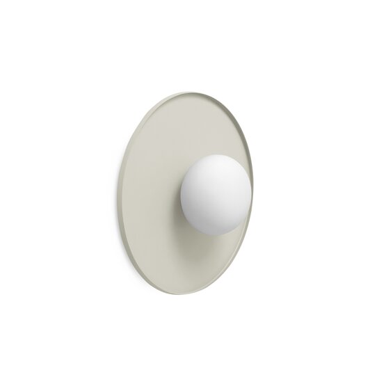 Pot Wandlampe, Wandlampe aus mundgeblasenem Glas in Milchweiß auf einem Sockel aus perlgrau lackiertem Metall
