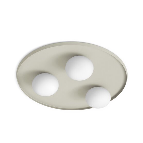 Plafón de maceta, Plafón de 3 luces en vidrio soplado blanco lechoso sobre base de metal pintado gris perla
