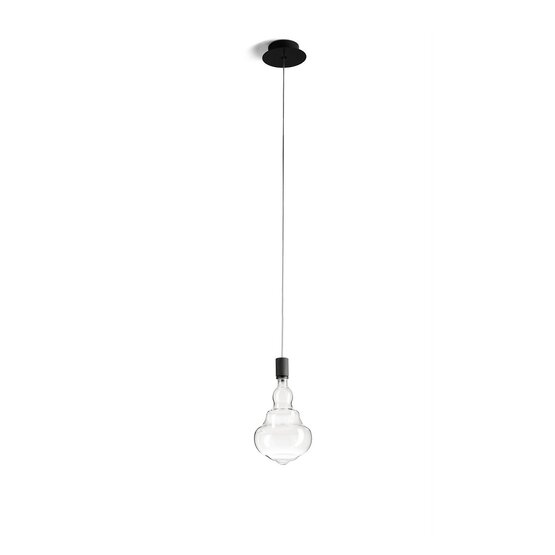 Suspension Honey Black, Lampe à suspension en verre soufflé borosilicaté transparent avec verrière en métal noir