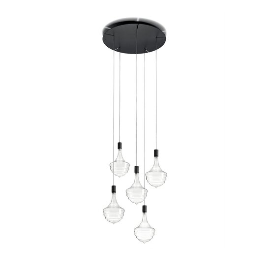 Honey Black suspended lamp, 5-light pendant lamp in transparent borosilicate blown glass with black metal canopy.