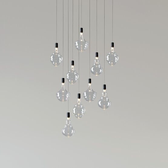 Lámpara colgante Miel Negro, Suspensión de 10 luces en vidrio soplado borosilicato gris transparente con florón de metal negro.