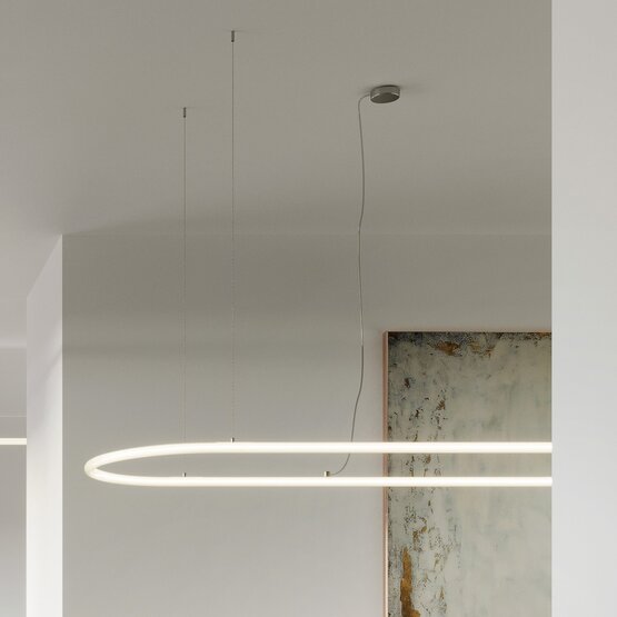 Linea suspended light, Led suspension 180 degrees curved in opal white silicone with steel structure