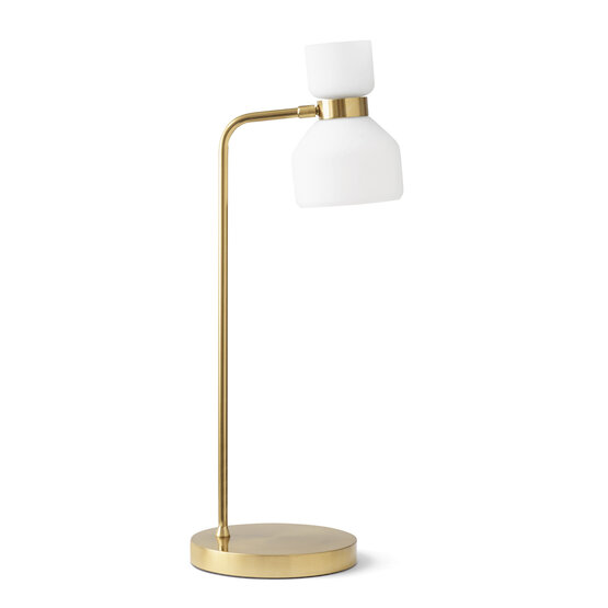 Lampe de table cinquante, Lampe à poser avec corps en laiton brossé et diffuseur en verre soufflé blanc opale