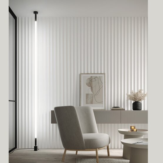 Linea Vertical suspension, LED vertical suspension light in opal white silicone with sand-colored finishes 