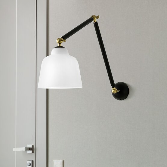 Neoretro Applique, Wall lamp in milky white glass and black metal with adjustable arm
