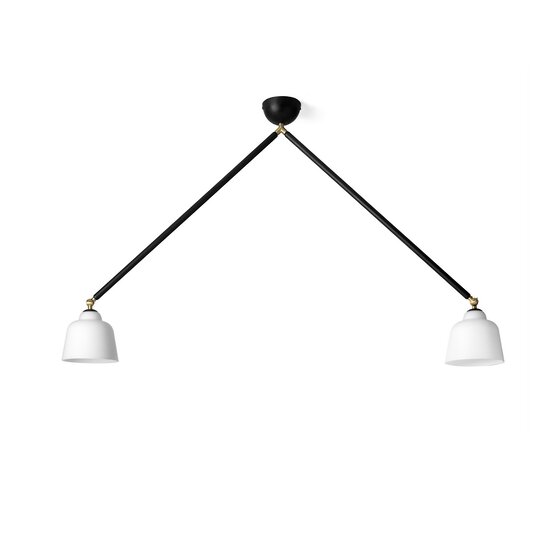 Neoretro-Deckenlampe, 2-Licht-Deckenleuchte aus milchweißem mundgeblasenem Glas und schwarz pulverbeschichtetem Metall. Aufhängung konfigurierbar
