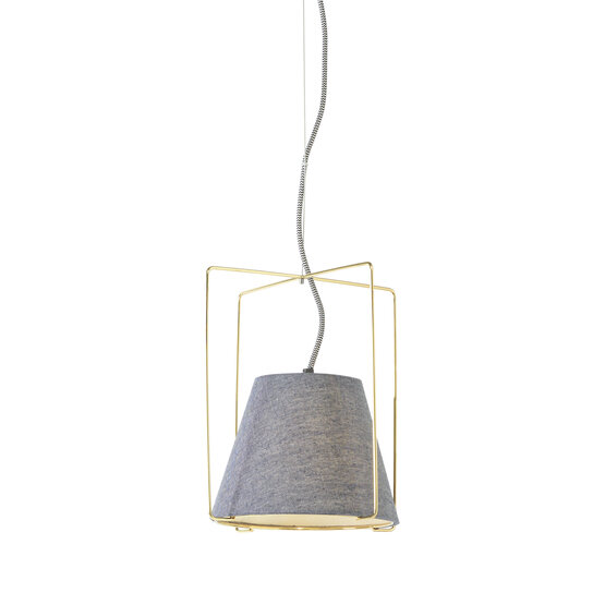 Kengo suspended lamp, Suspension lamp in gold-colored metal and gray fabric