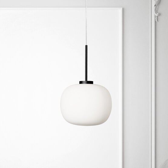 Bombo suspended lamp , Pendant white blown glass light with black painted detail