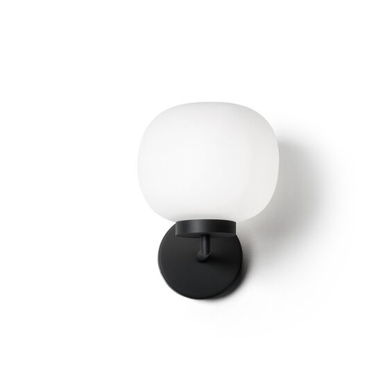 Bombo wall lamp, White glass wall lamp with black metal base