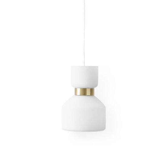 Fünfzig hängende Lampe, Hängeleuchte aus weißem mundgeblasenem Glas mit Details aus gebürstetem Messing