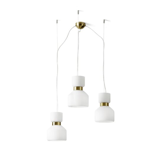 Fifty suspended lamp , Suspension with 3 lights in white blown glass with elements in brushed brass