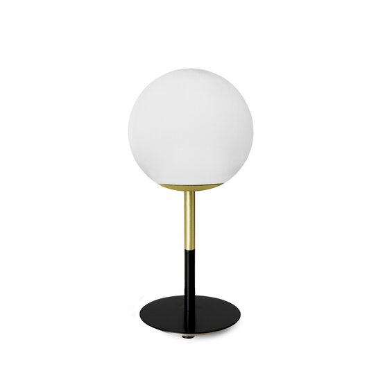 Lámpara de mesa Jugen, Lámpara de mesa en vidrio soplado blanco lechoso con marco negro y latón