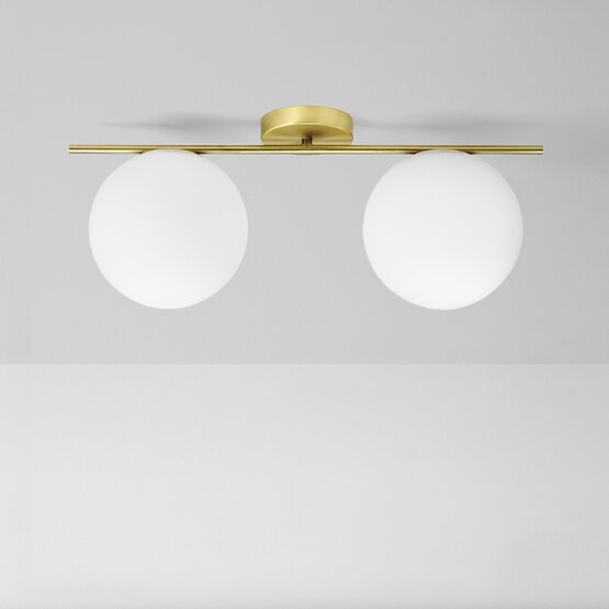Jugen ceiling lamp, 2 lights ceiling lamp in milky white blown glass with brushed brass structure