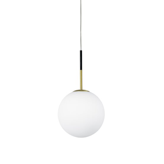 Jugen suspended lamp, Suspension lamp in blown glass milk white with black and brushed brass elements